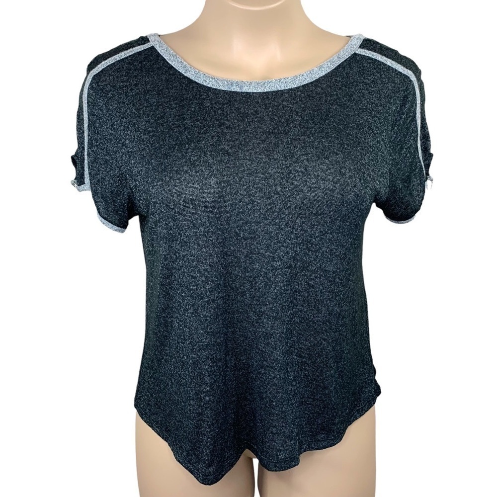 XL Moral Fiber Grey Knit Short Sleeve Sweater Top Stretch Cutout Shoulder